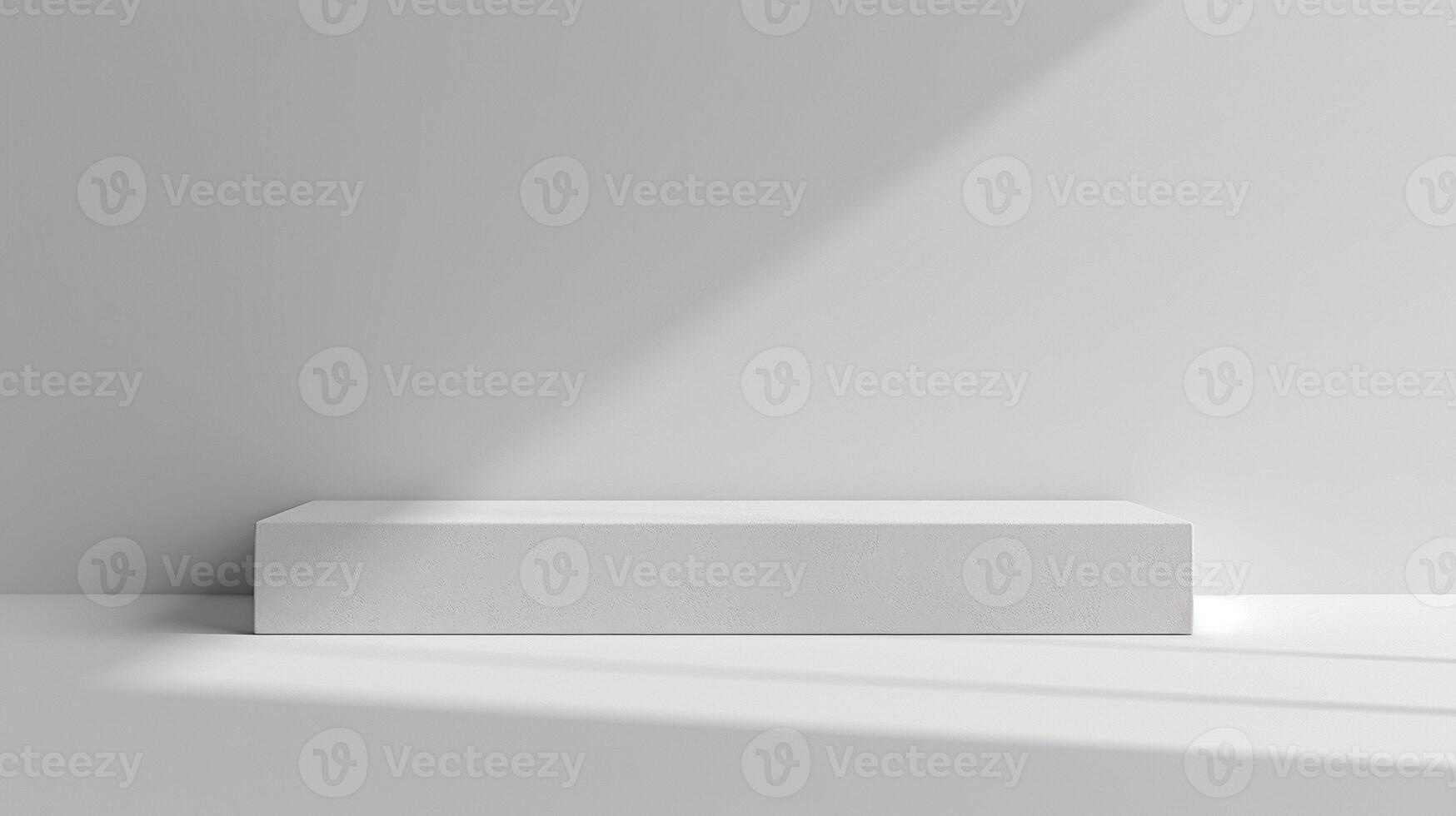 White rectangular low podium on a white background. A podium, stage for product presentation. photo
