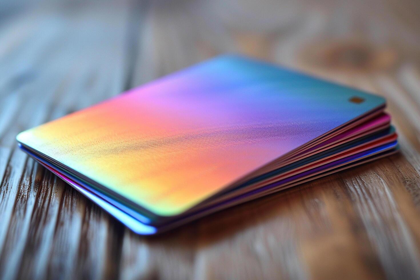 Gradient colored glass cards on a wood background. Transparent background texture. Generated by artificial intelligence photo