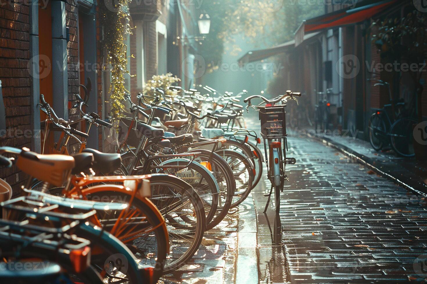 Close-up of bicycles standing in a row on a city street. photo
