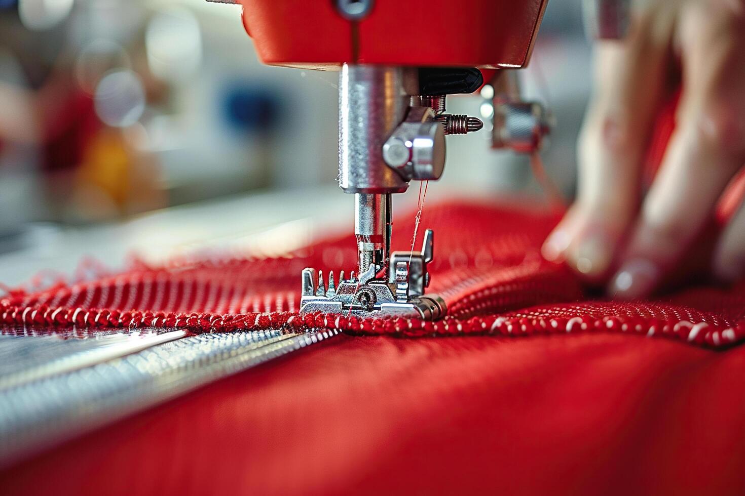 Close-up of hands sewing red fabric on a sewing machine. Generated by artificial intelligence photo