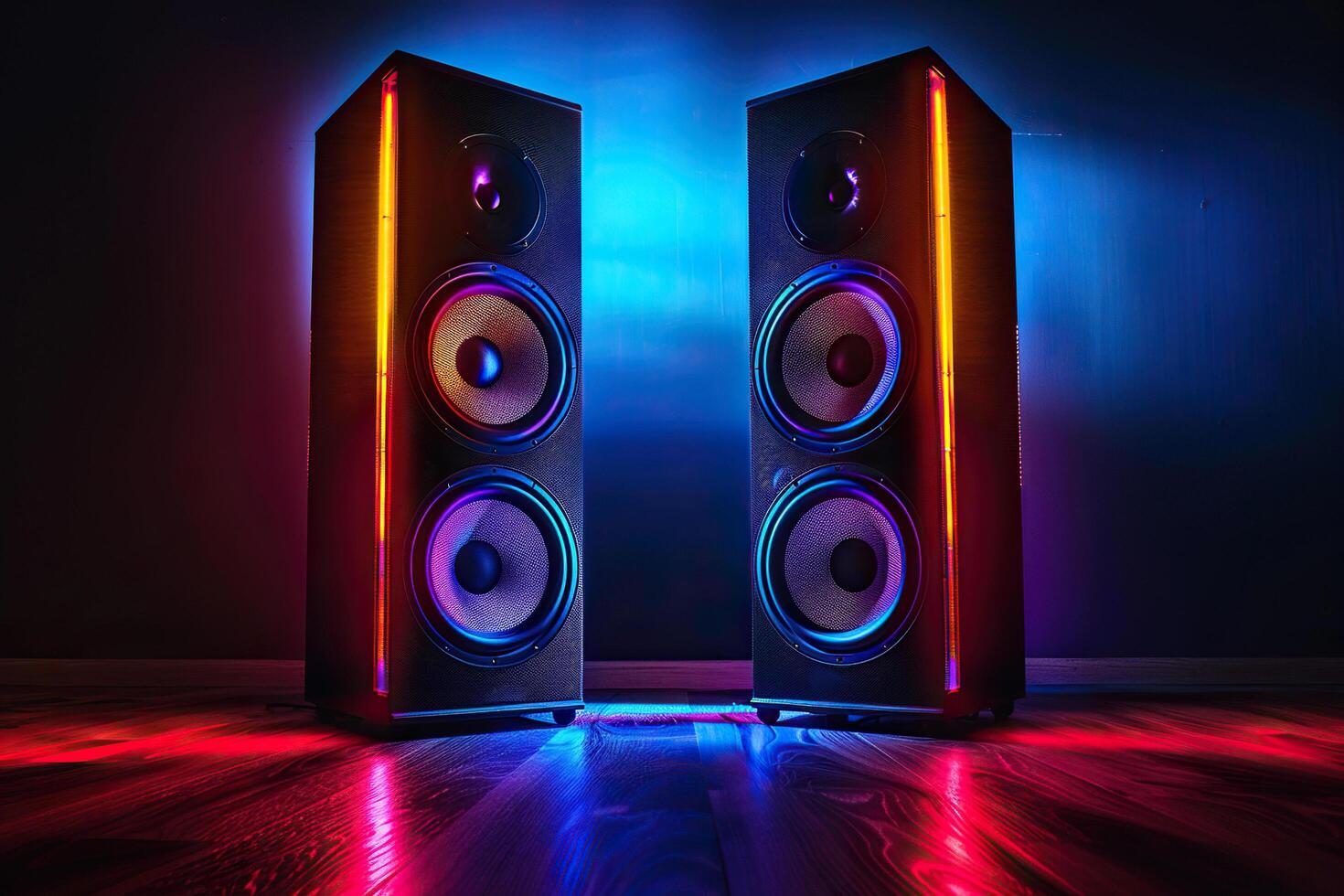 A music speaker with colored lighting stands on the floor in the dark. Generated by artificial intelligence photo