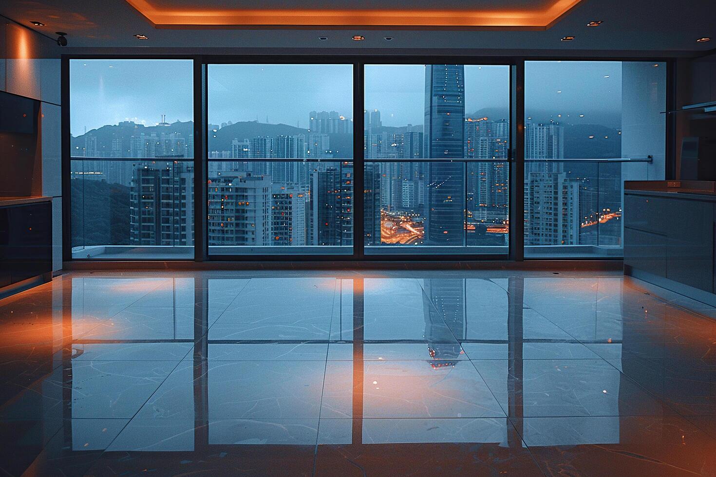 Interior of a modern apartment with panoramic windows in evening lighting. Generated by artificial intelligence photo