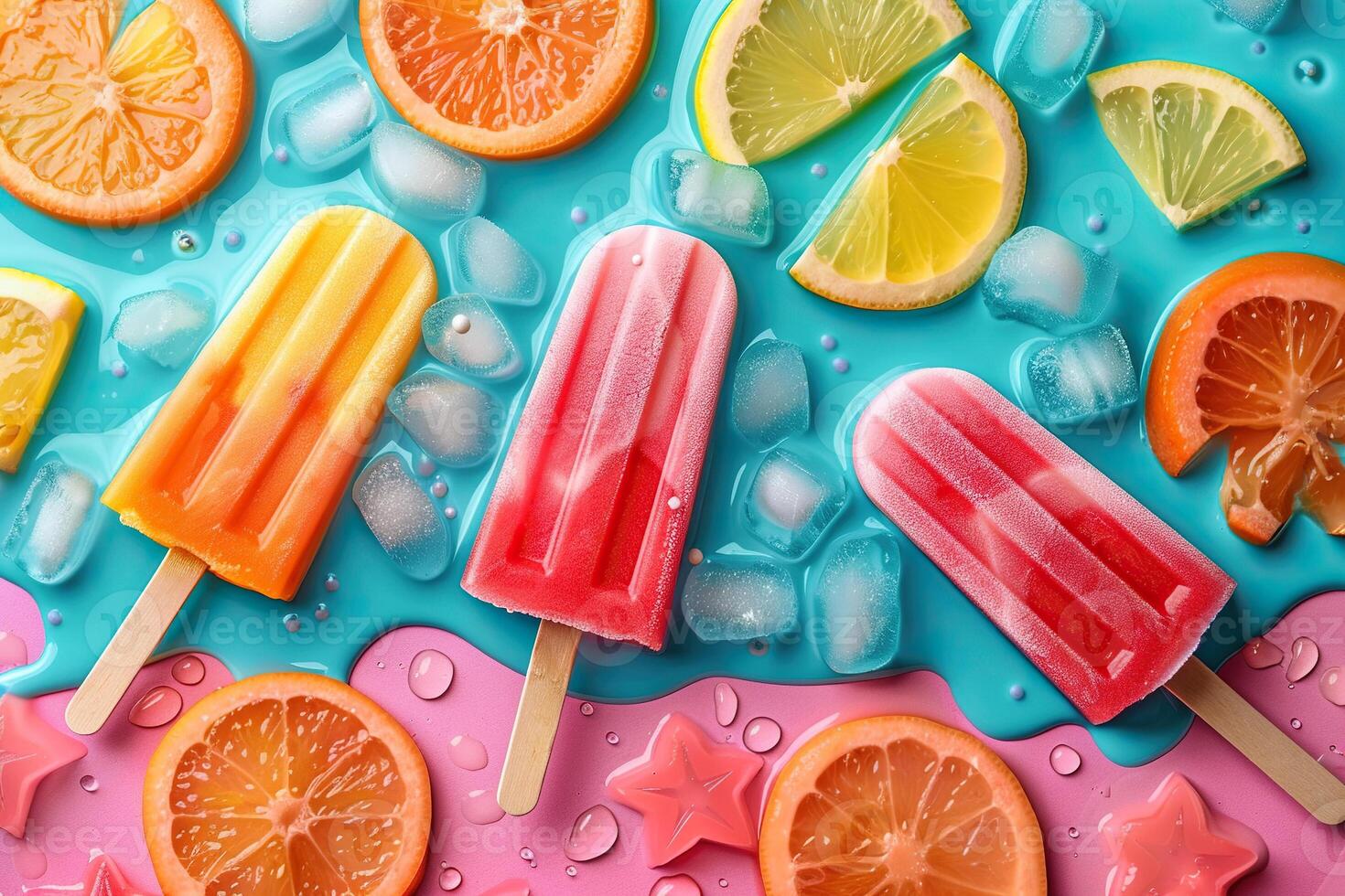 Top view of popsicles on a stick and half a citrus fruit. Summer background. Generated by artificial intelligence photo
