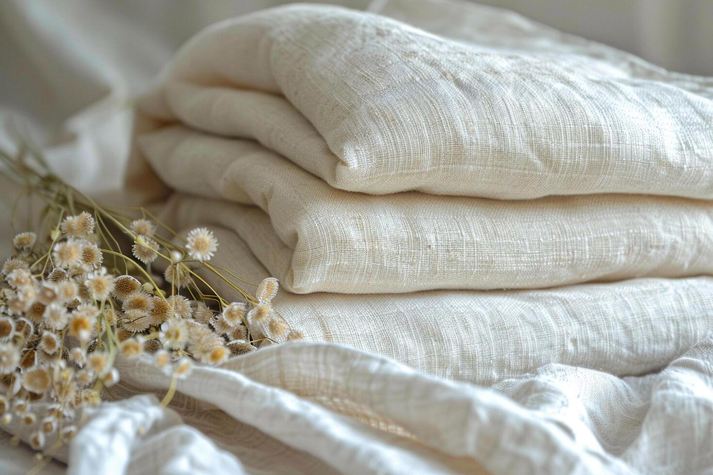 Linen scraps of fabric in a stack. The trend is for authenticity and naturalness. photo