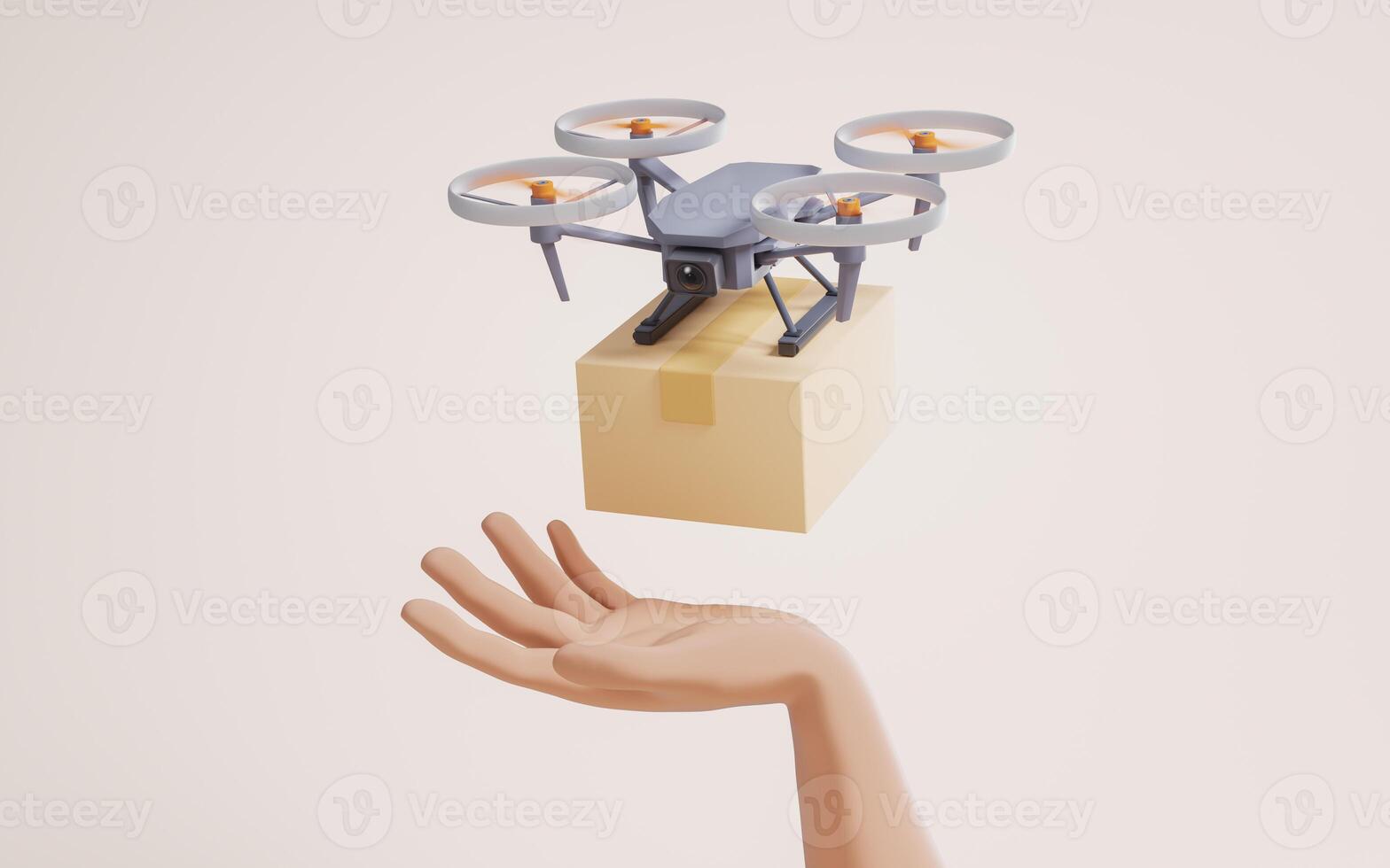 Realistic drone carrying the box, 3d rendering. photo