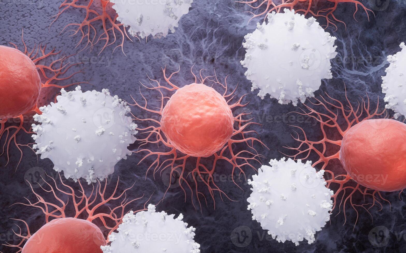 Biological lymphocytes and cancer cell, 3d rendering. photo