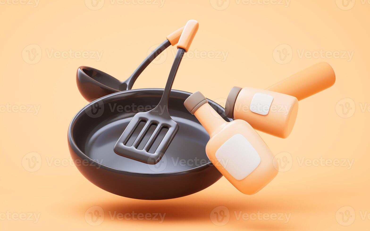 Cartoon style kitchen ware pan and cooking, 3d rendering. photo