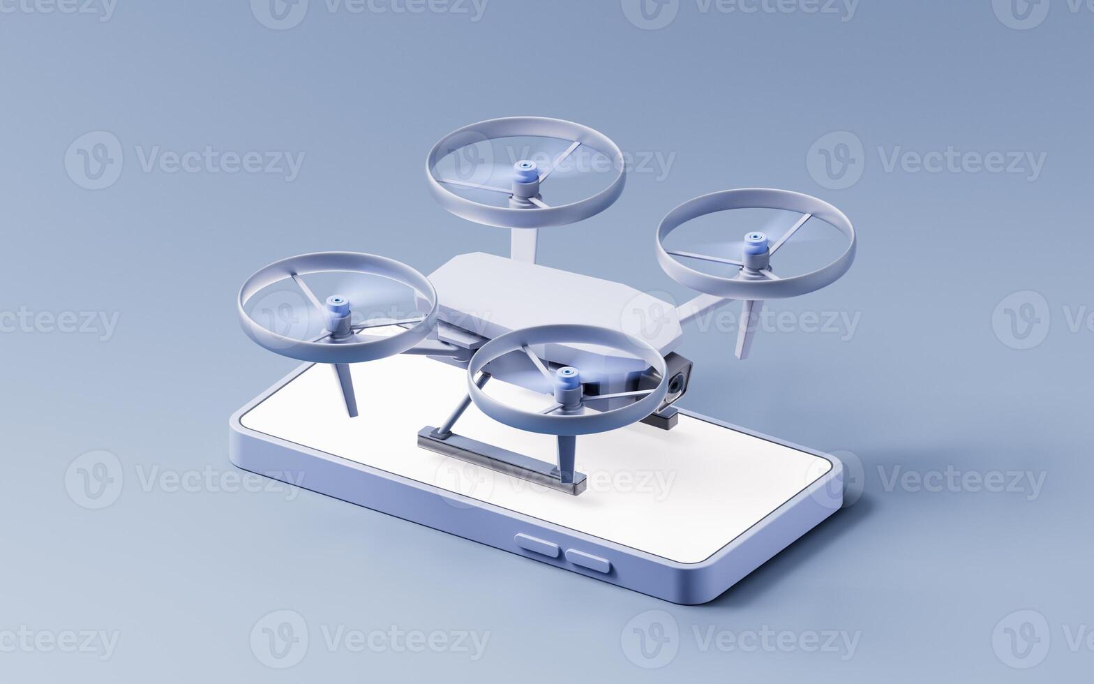 Flying realistic drone on a mobile phone, 3d rendering. photo