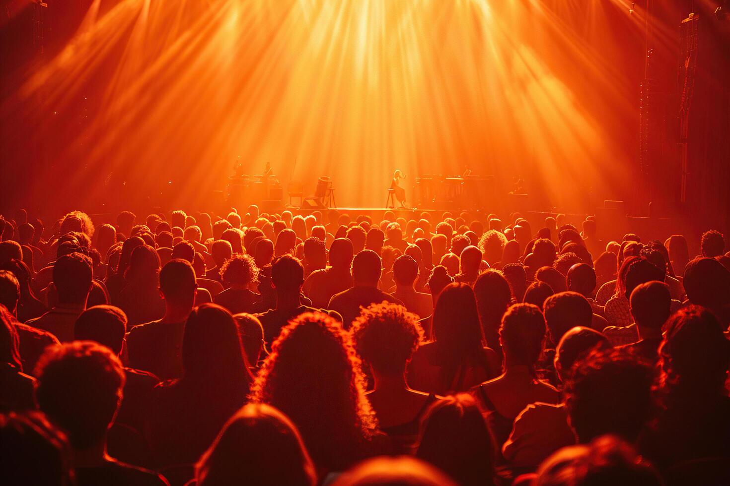 A crowd of people at a party, concert in the rays of spotlights. Generated by artificial intelligence photo