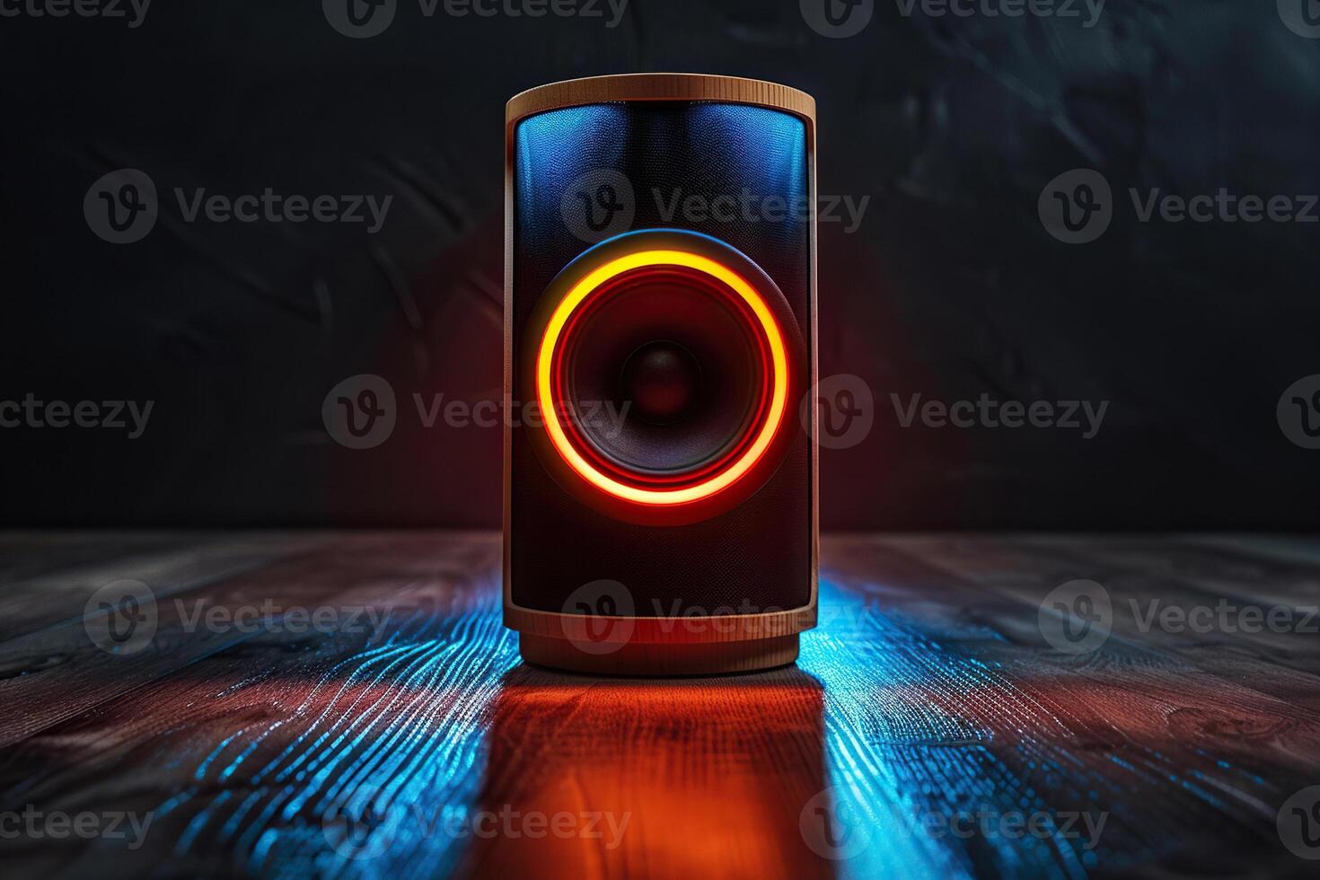 A music speaker with colored lighting stands on the floor in the dark. Generated by artificial intelligence photo