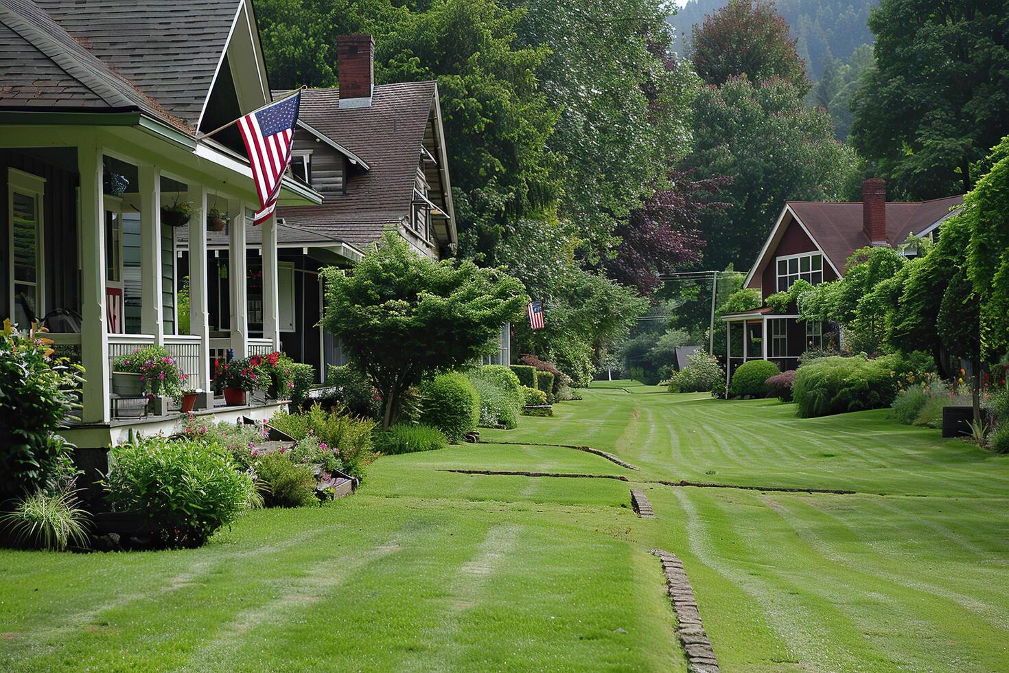 A street with one-story houses, a green lawn and a usa flag on the house. Generated by artificial intelligence photo