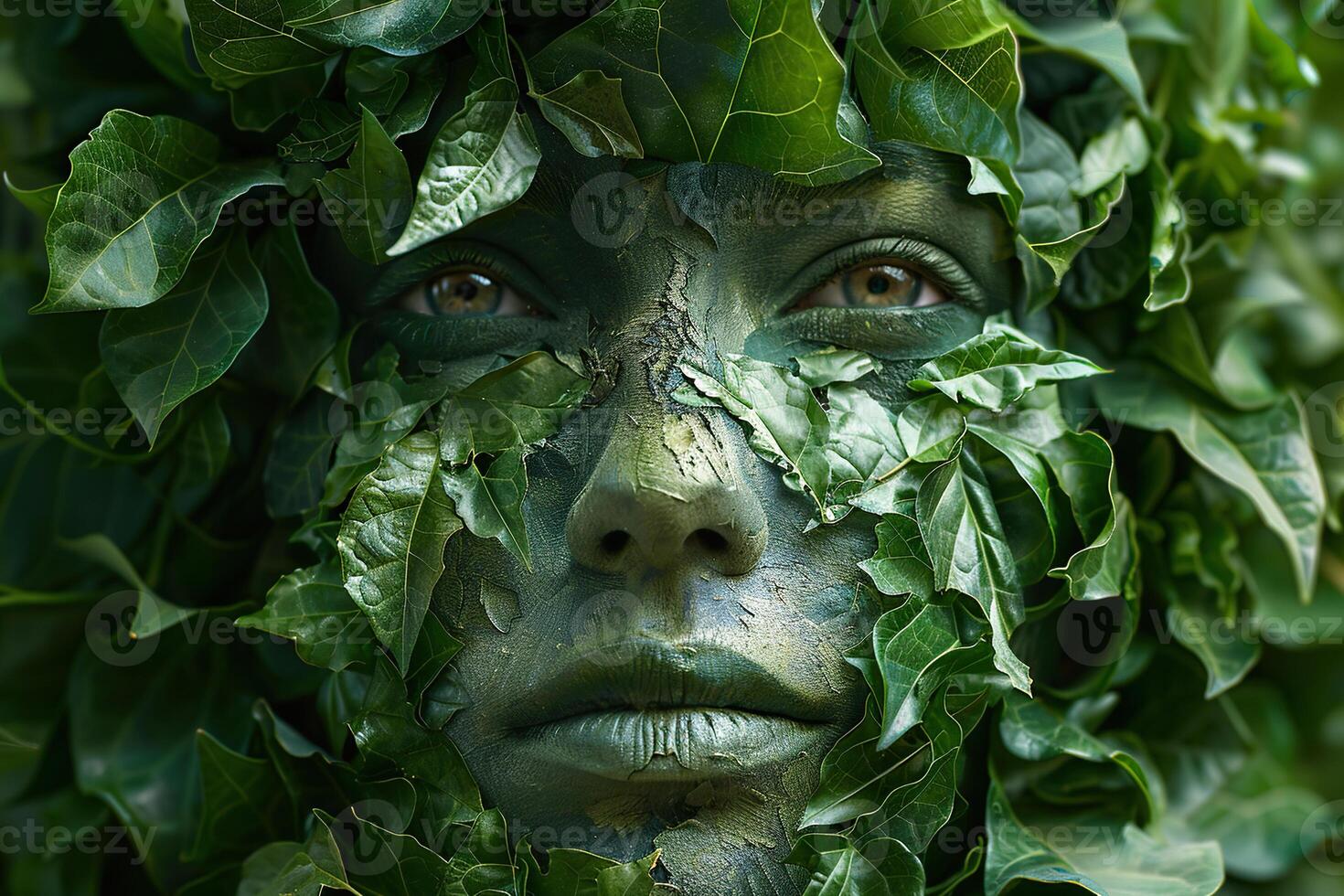 The face of a young woman in green leaves. Environment conservation concept. Generated by artificial intelligence photo