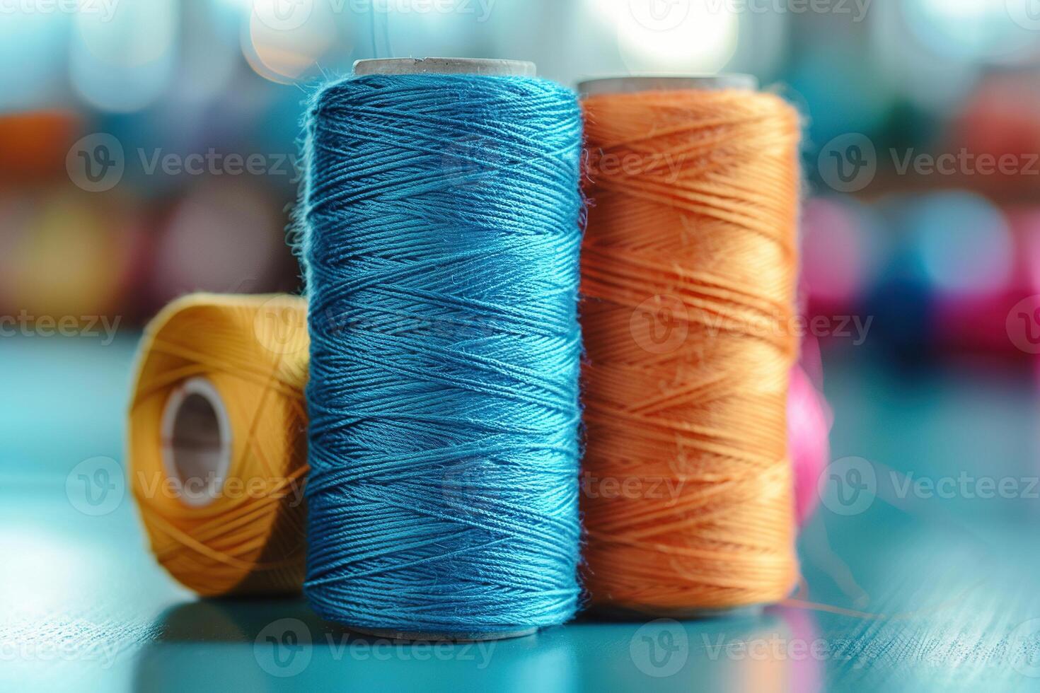 Spools of bright threads on a blue wooden table close-up. Generated by artificial intelligence photo