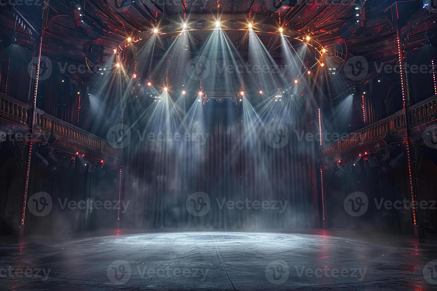 Circus arena in the light of spotlights, stage of a moving circus. Touring circus. Generated by artificial intelligence photo