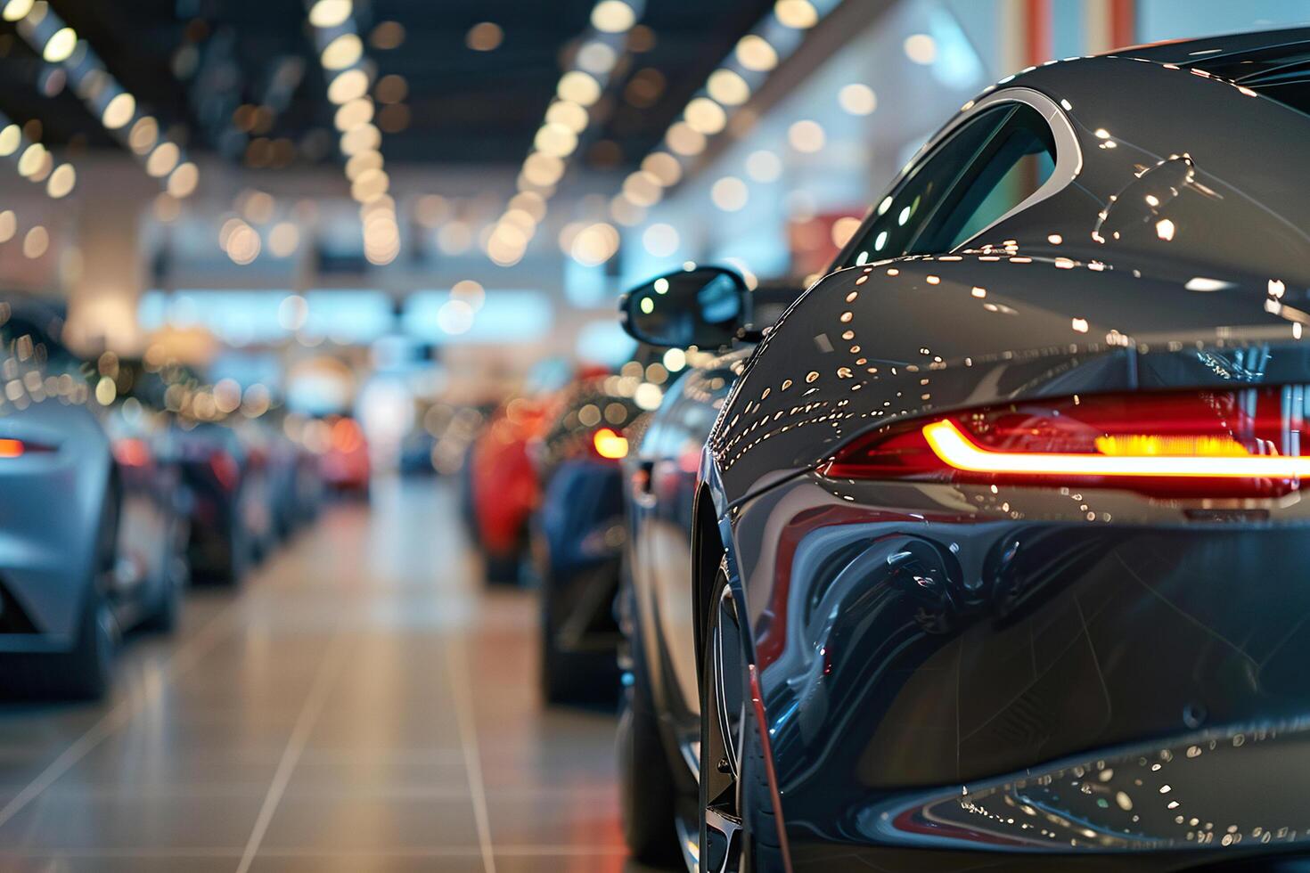 New cars stand in a row in a car showroom. Generated by artificial intelligence photo