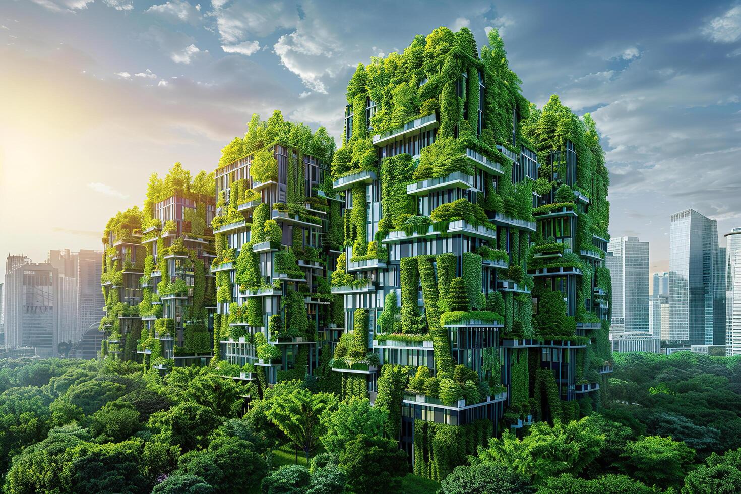 Green plants on a high-rise glass building. Office building with green environment. Generated by artificial intelligence photo