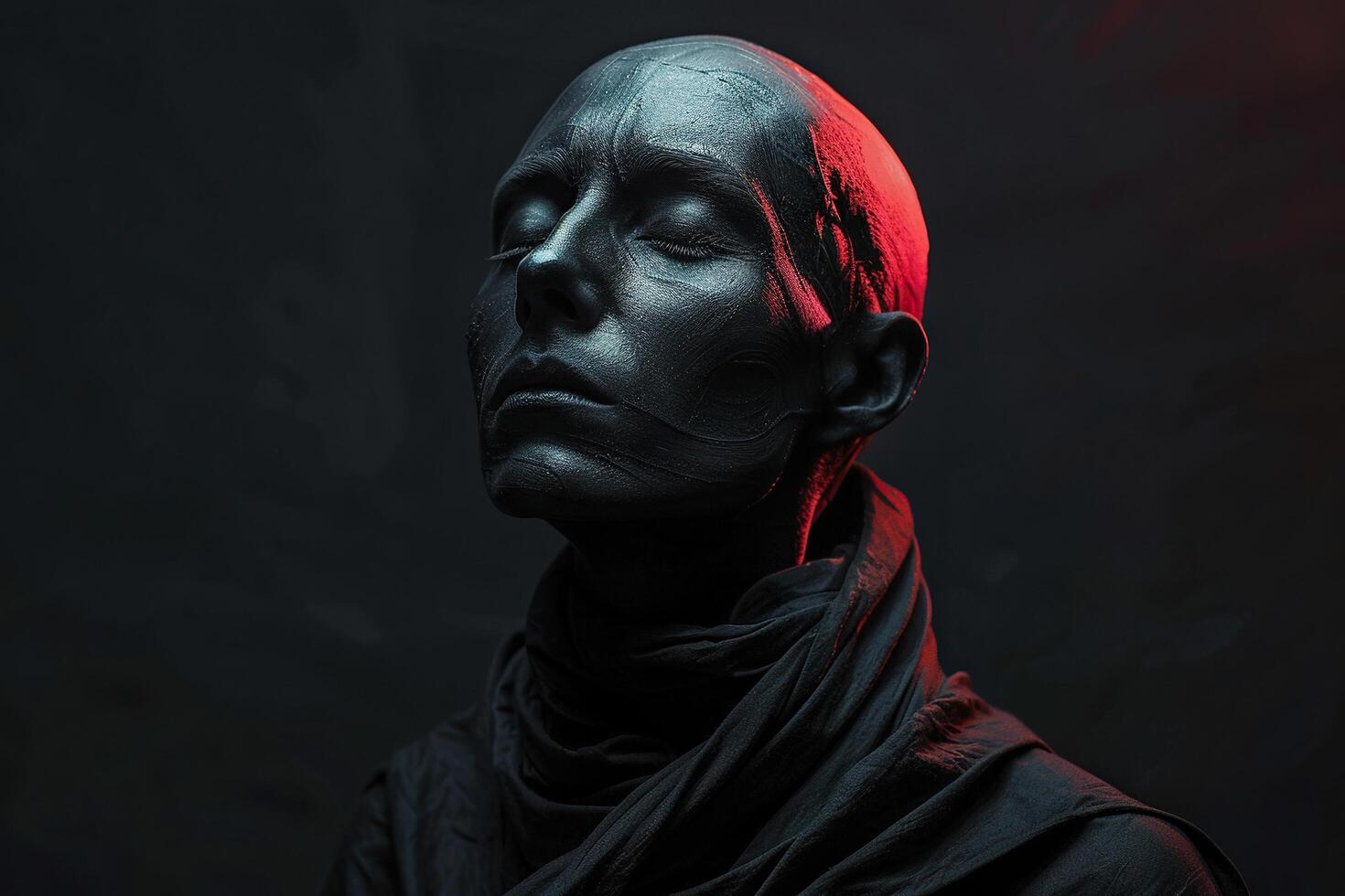 Silhouette of a black bald man with closed eyes on a black background. Generated by artificial intelligence photo