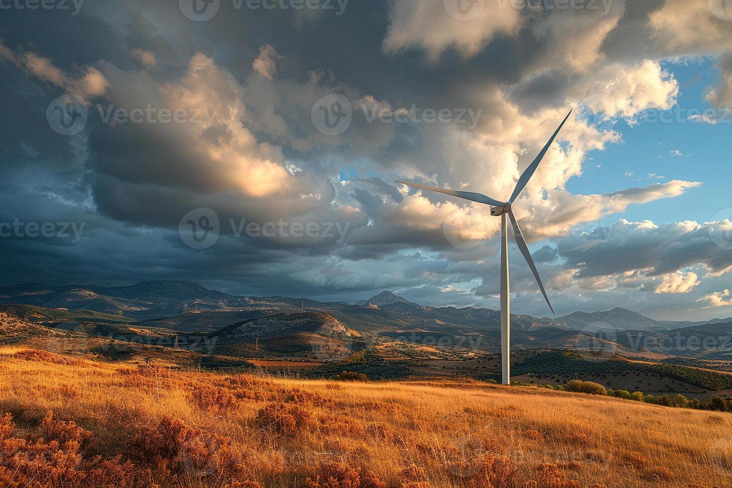 Panoramic view of one windmill with high wind turbines for generation electricity with copy space. Green energy concept. photo
