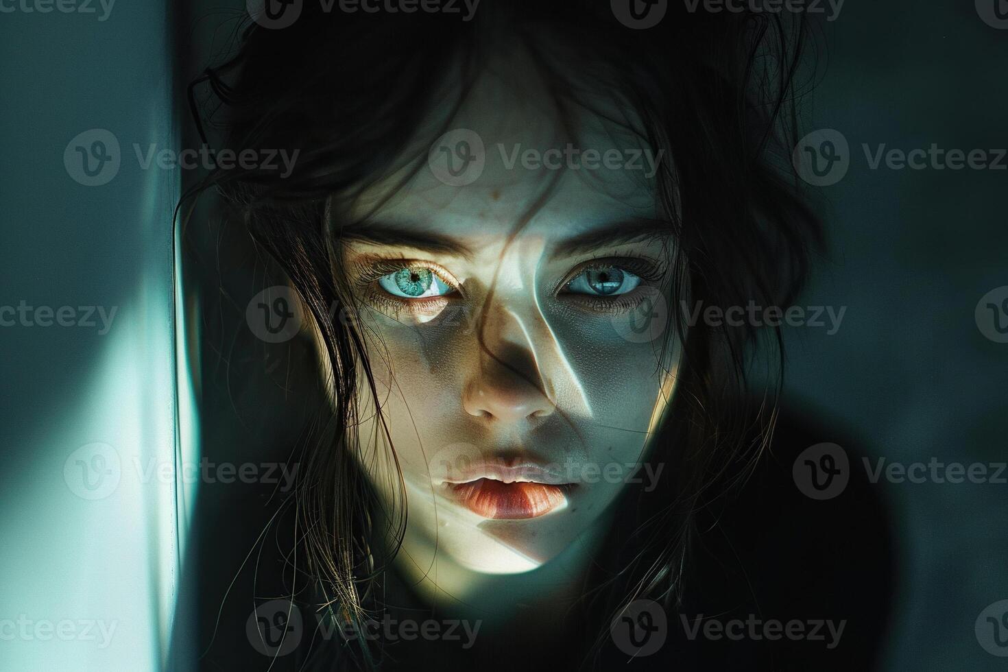 An image of a woman's frightened face near an empty wall. Generated by artificial intelligence photo