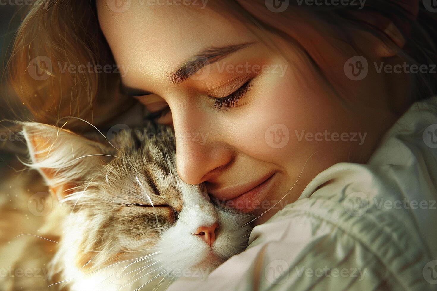 A young woman cuddles gently with a cat. Pet therapy. Generated by artificial intelligence photo