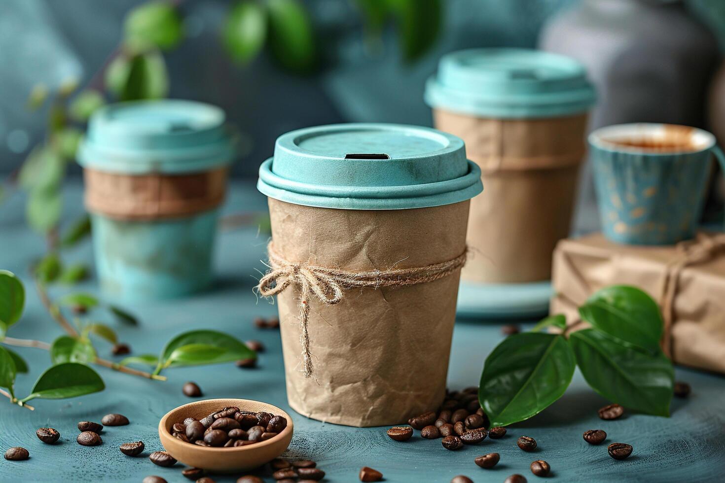 Craft coffee cups with coffee beans nearby. Eco friendly packaging concept. Generated by artificial intelligence photo