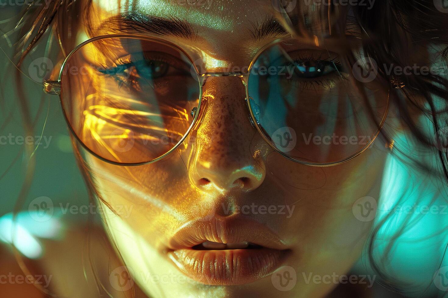 Portrait of an attractive young woman wearing sunglasses in warm lighting. Generated by artificial intelligence photo