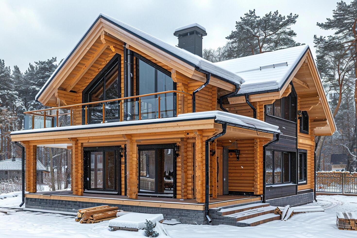Modern wooden frame house in the countryside. Generated by artificial intelligence photo