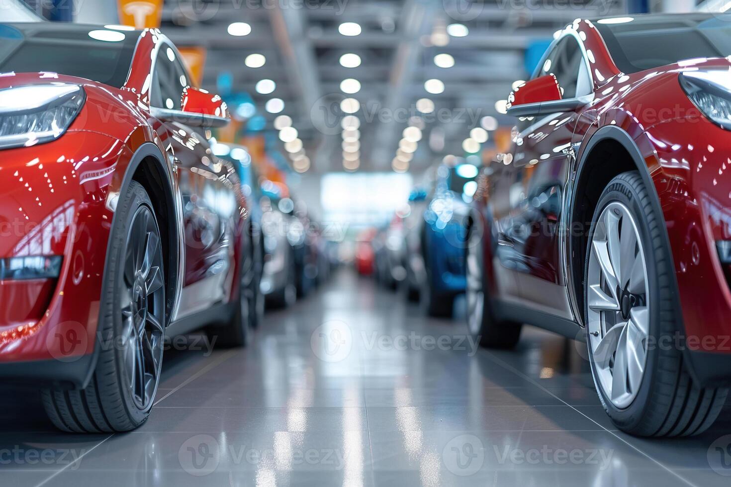 Row of new cars in a car showroom with a blurred background. Generated by artificial intelligence photo