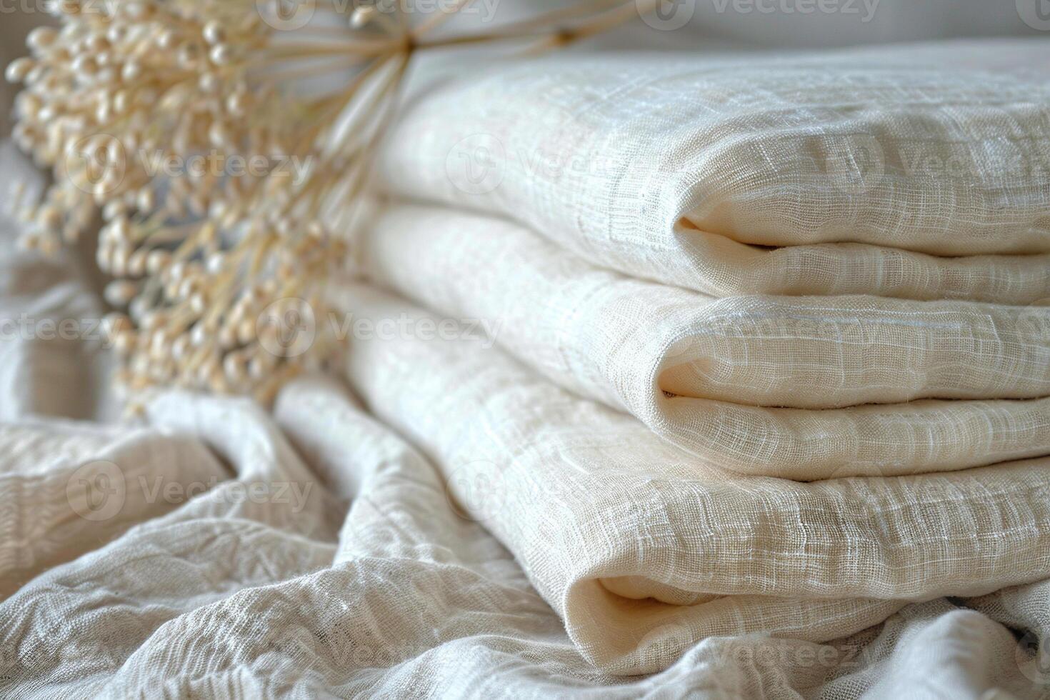 Dried bunch of flax plants on a stack of linen fabric. The trend is for authenticity and naturalness. photo