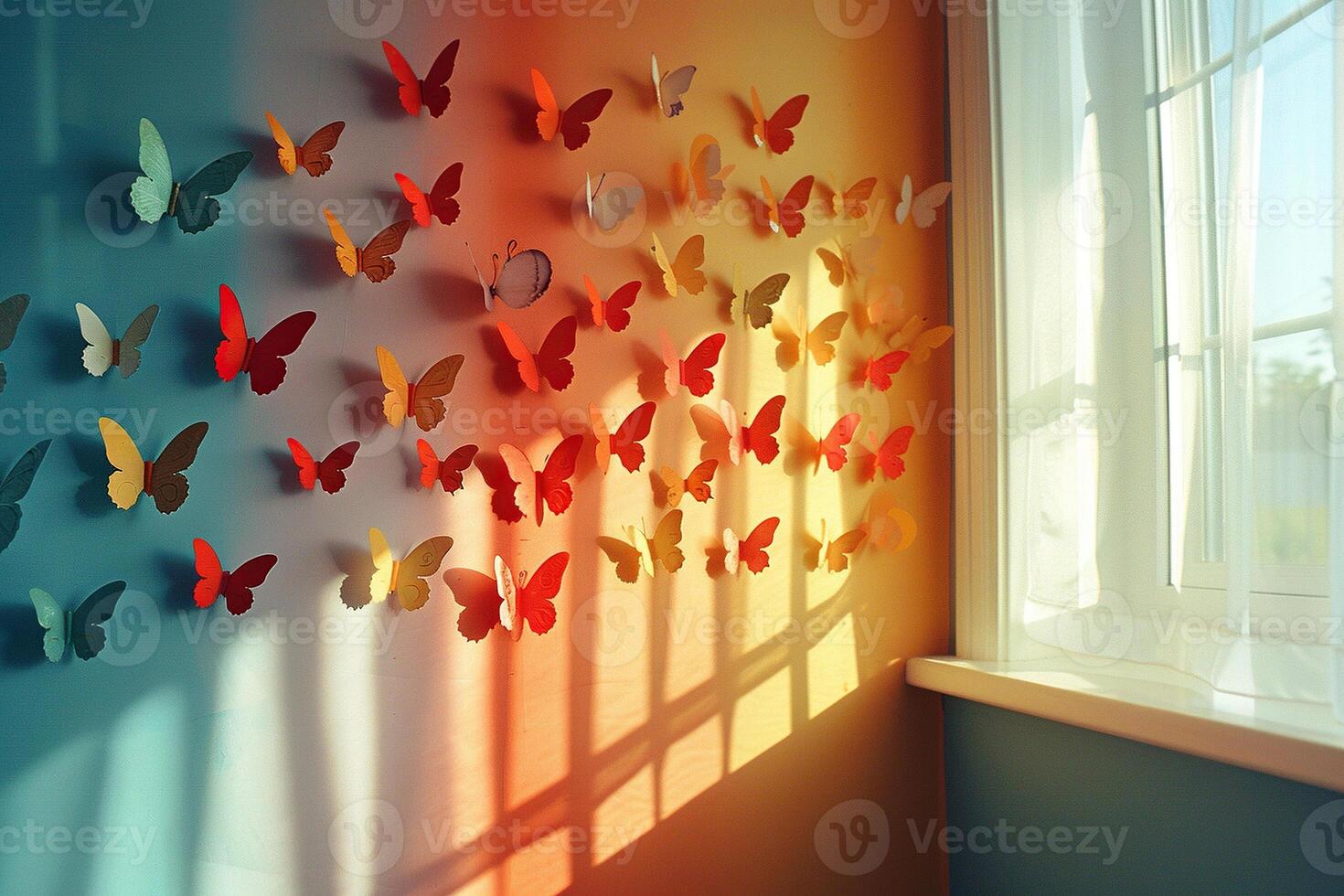 An image of colored butterflies on a white wall with a shadow from a window. Generated by artificial intelligence photo