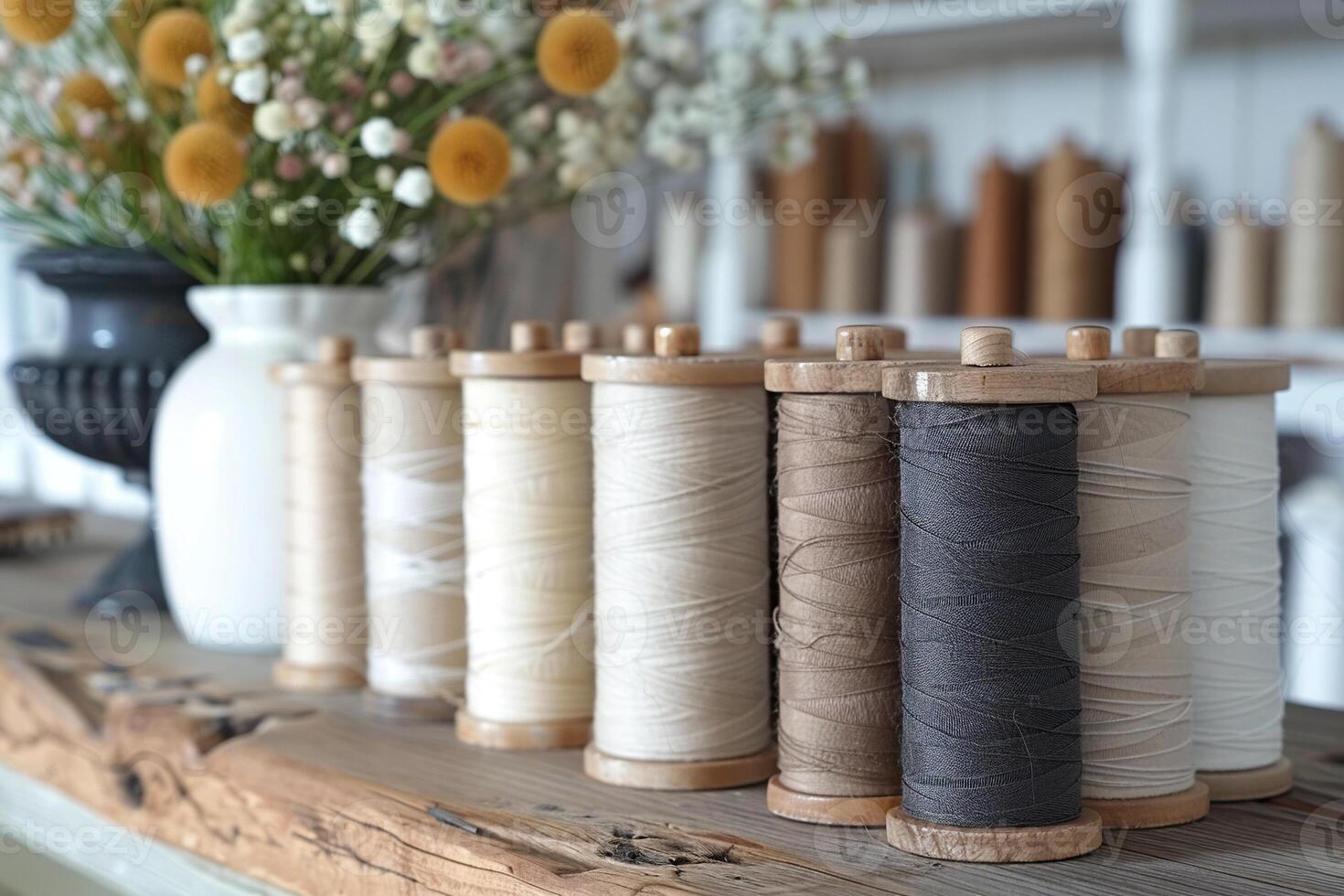 Spools of thread for sewing in delicate natural shades. Generated by artificial intelligence photo