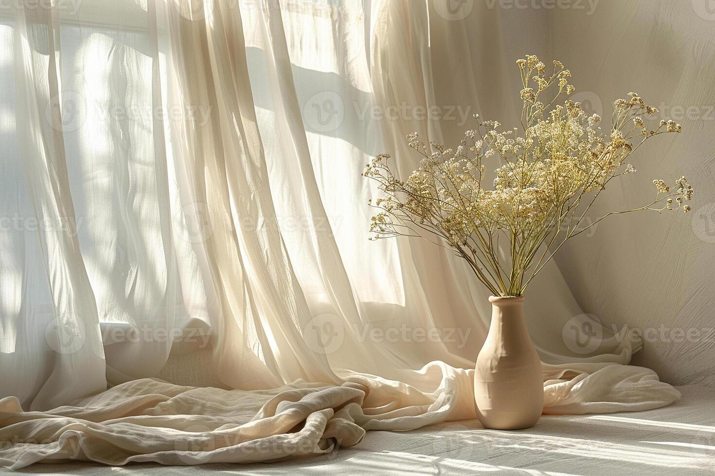 A creamy white vase with dried flowers on the floor near a window with curtains. Generated by artificial intelligence photo