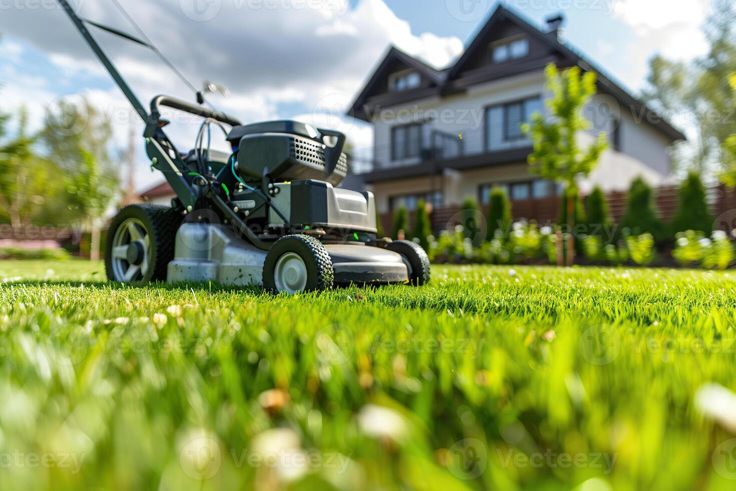 A modern lawn mower stands on a mowed lawn against the backdrop of a luxurious penthouse. Generated by artificial intelligence photo