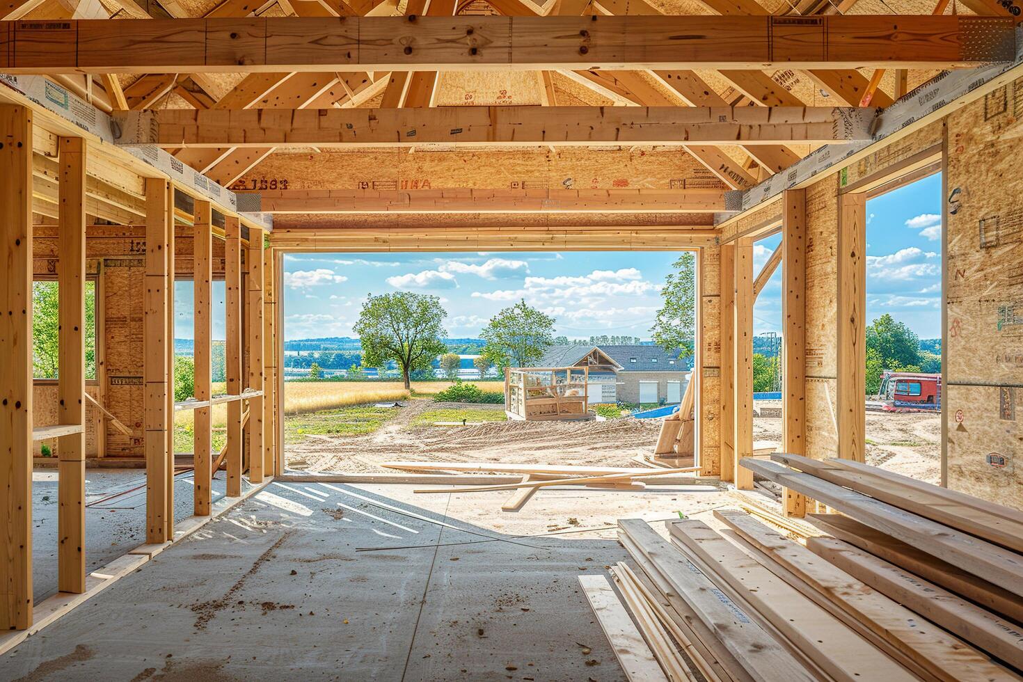 Wooden frame of a house. Construction. Generated by artificial intelligence photo