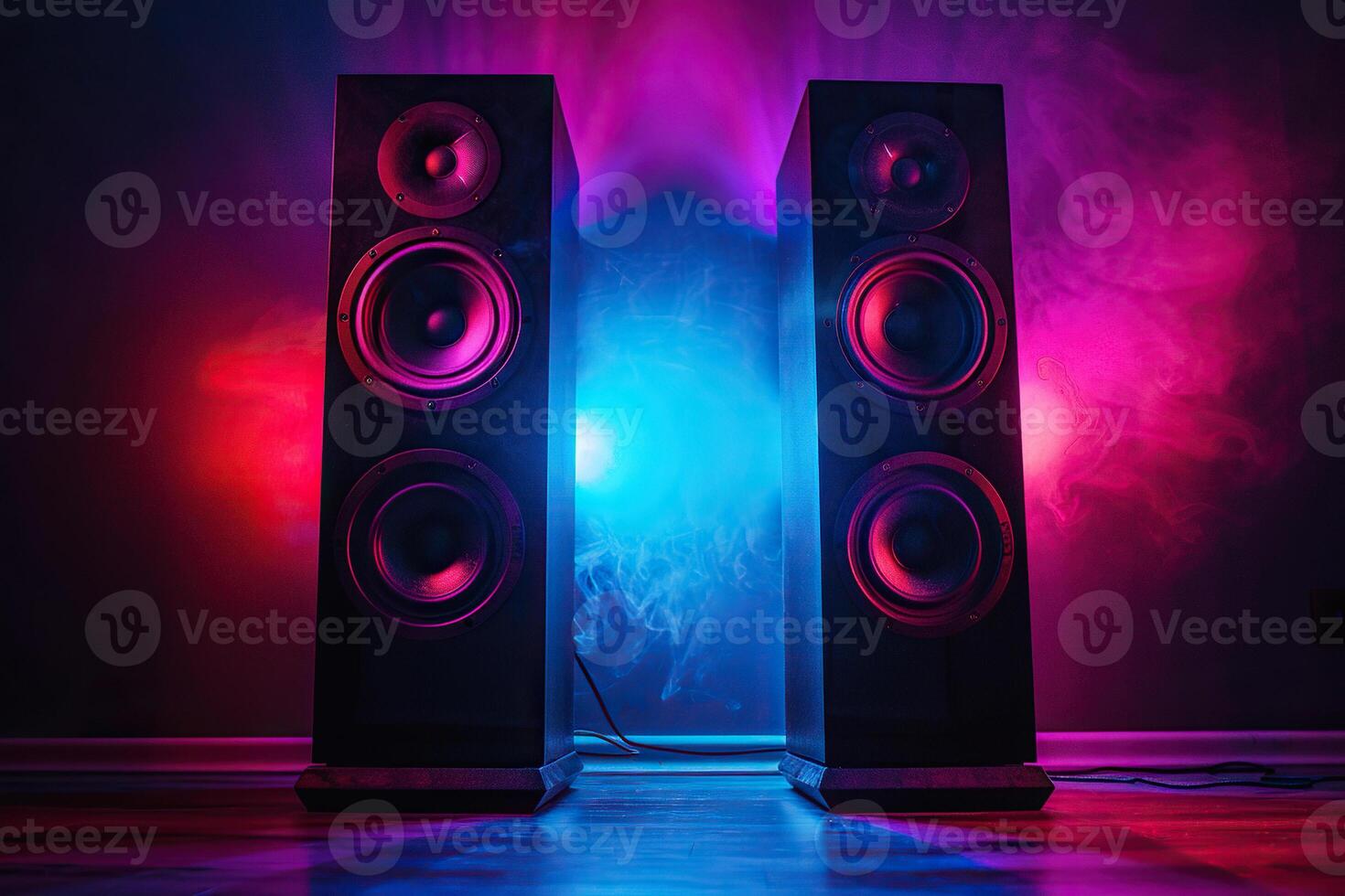 Music stereo system in neon light and smoke. Generated by artificial intelligence photo