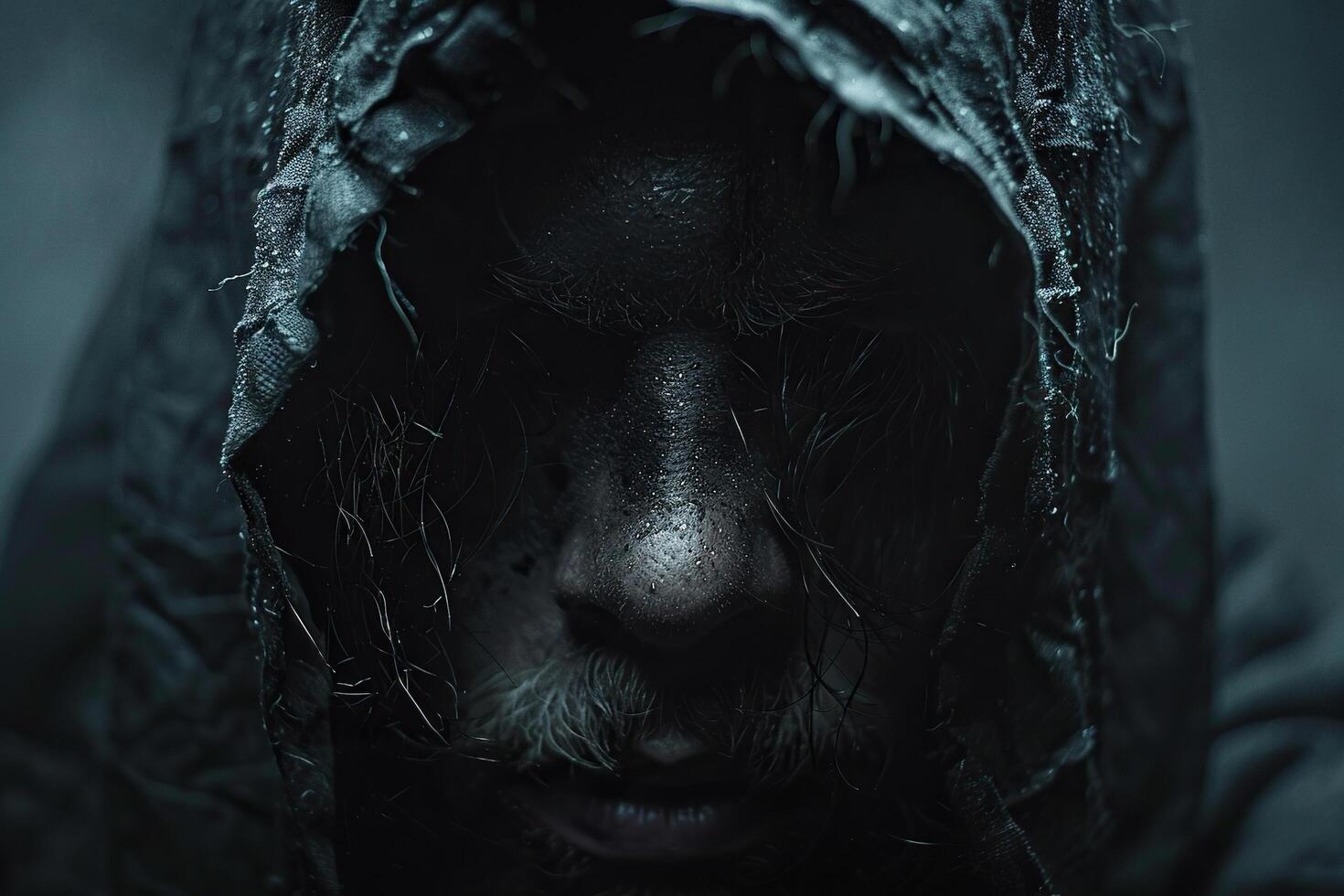 Dark portrait of a man in a hood . Generated by artificial intelligence photo