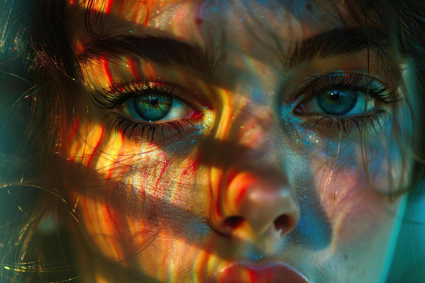 Close-up of a beautiful female face with long eyelashes in the sunshine. Generated by artificial intelligence photo