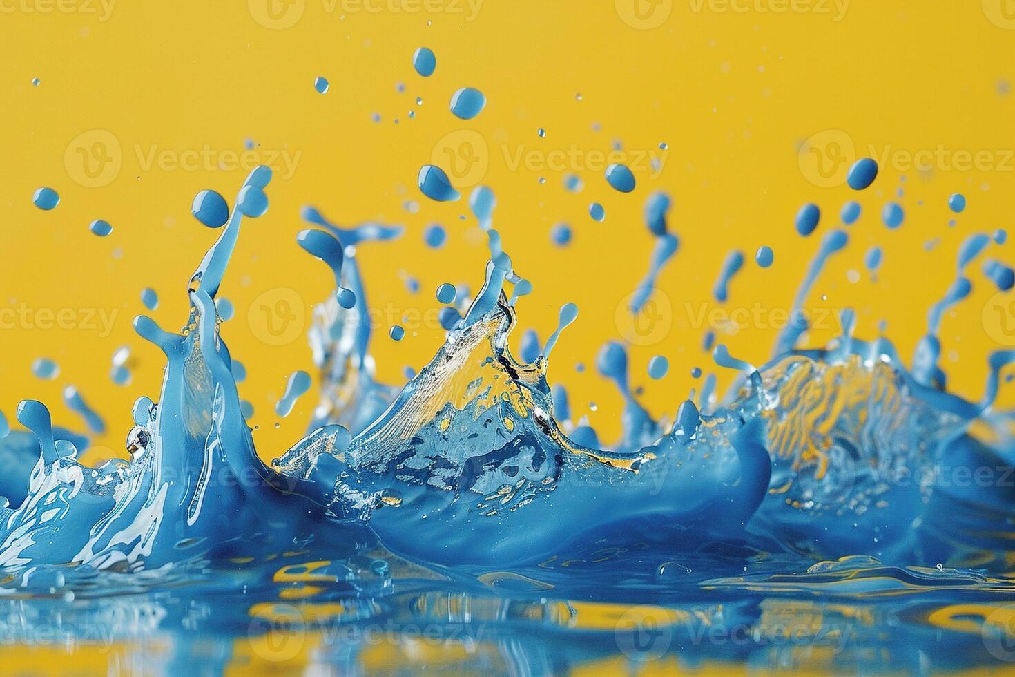 Splash of blue water on a yellow background. Generated by artificial intelligence photo