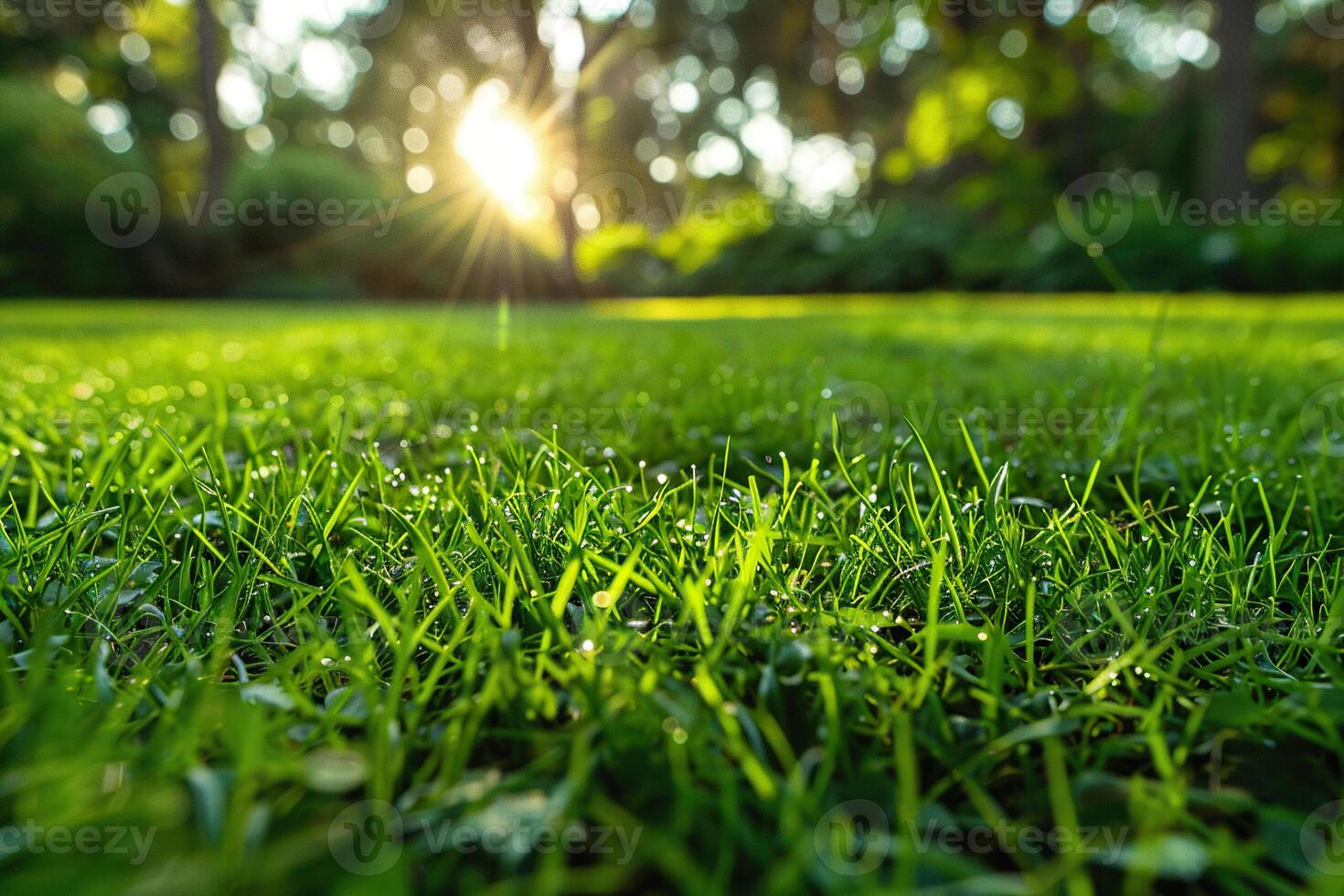 Beautiful blurred background image of green nature with a neatly trimmed lawn on a bright sunny day. Generated by artificial intelligence photo