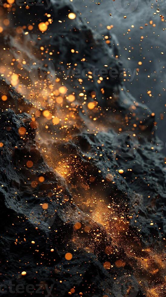 Abstract background of golden pollen on black rock. Vertical background. Generated by artificial intelligence photo