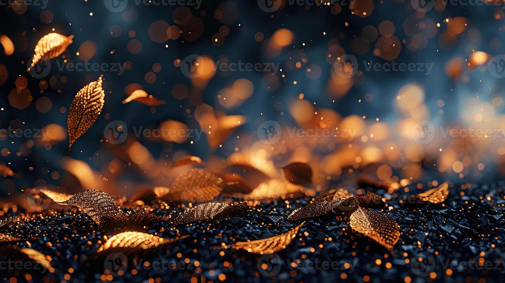 Dark blurred background with golden leaves and highlights of light. Generated by artificial intelligence photo