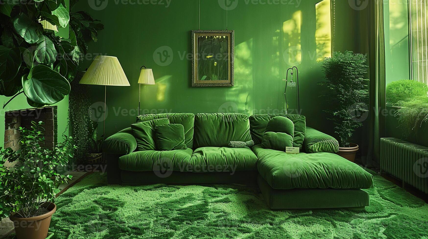 Green room interior with green furniture and potted plants. Environment and ecology concept. Generated by artificial intelligence photo