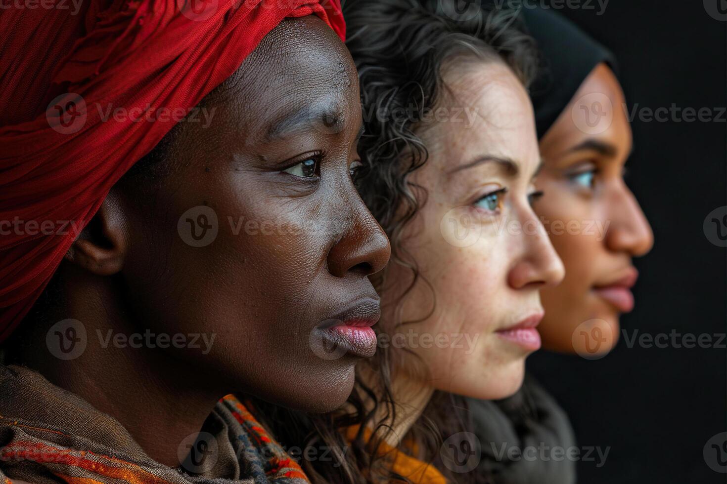 Profile photo of three women of different ethnicities. Generated by artificial intelligence