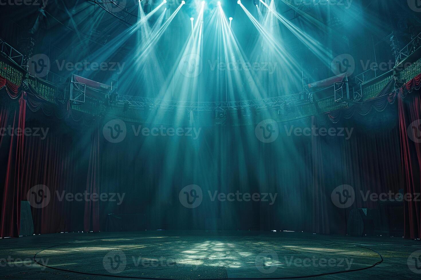 Circus arena in the light of spotlights, stage of a moving circus. Touring circus. Generated by artificial intelligence photo