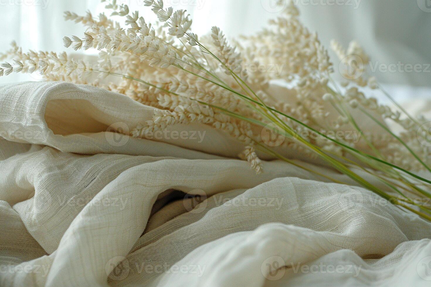 Dried bunch of flax plants on a stack of linen fabric. The trend is for authenticity and naturalness. photo