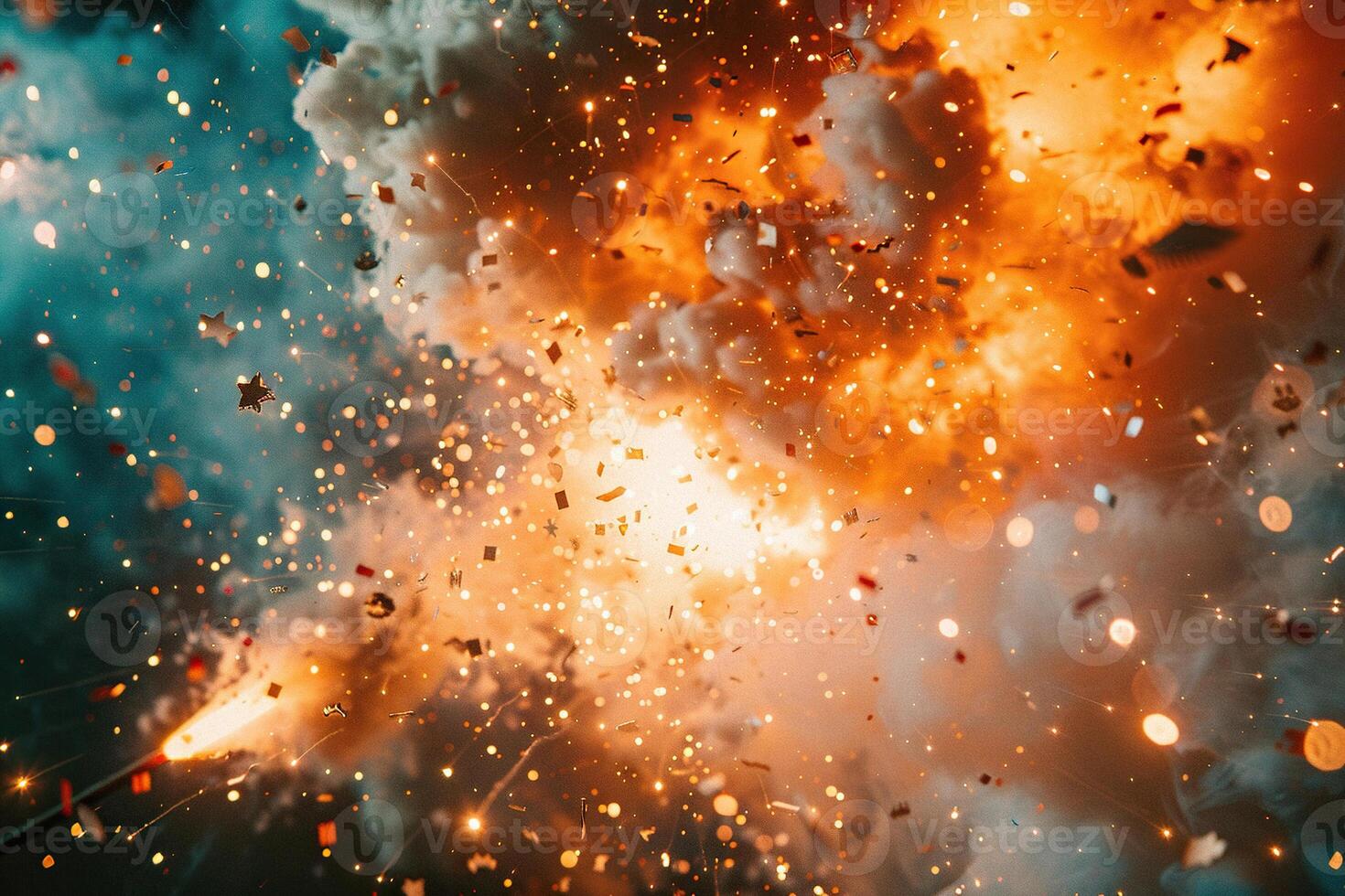 Close-up of a firecracker explosion with golden confetti. photo