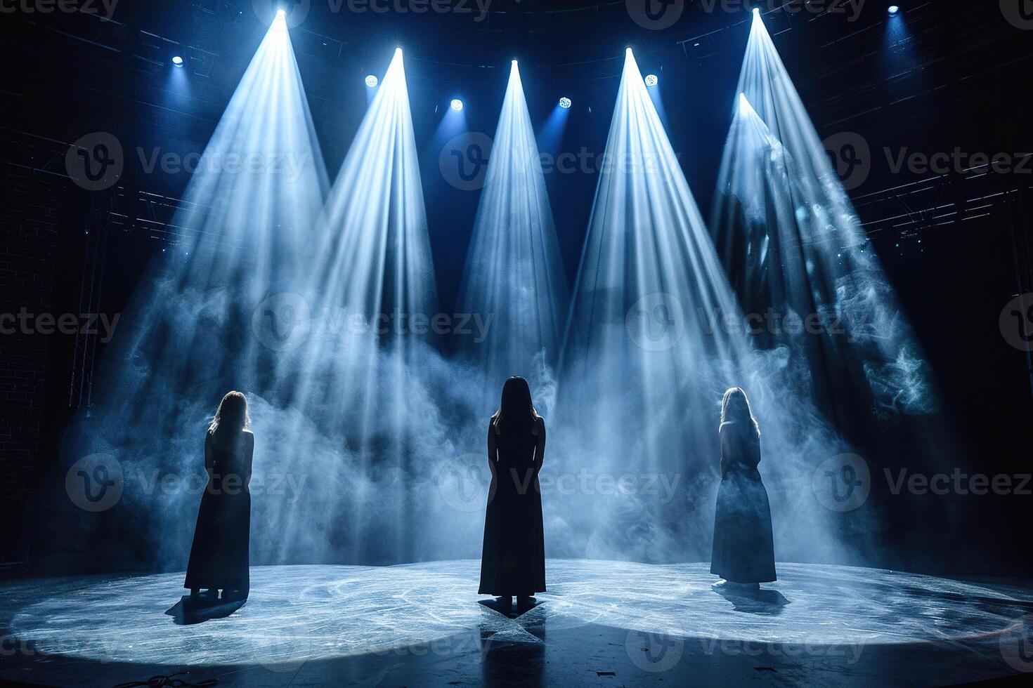 Silhouette of three women on an empty dark stage in the rays of a spotlight. Generated by artificial intelligence photo