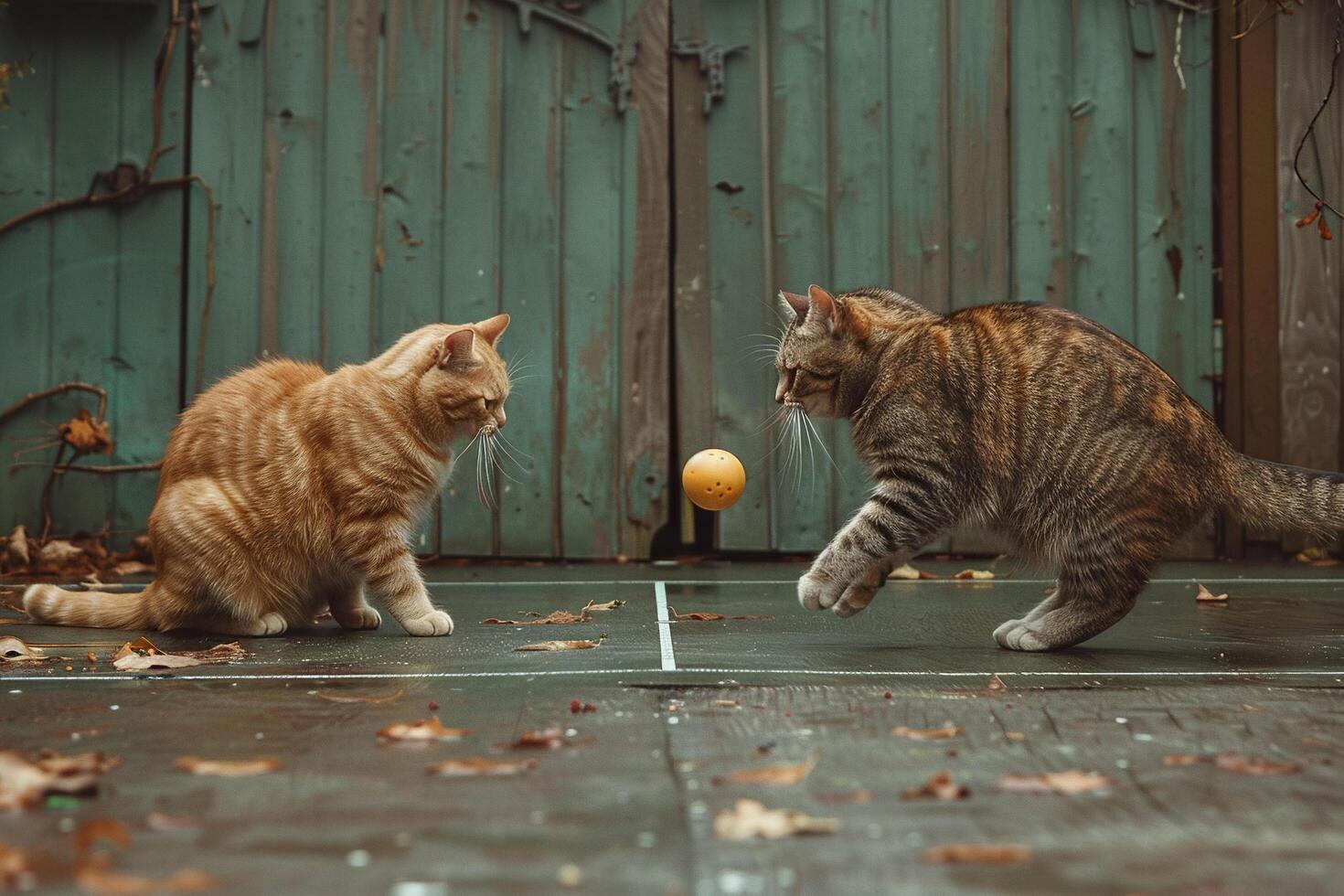Two cats playing ping pong. Generated by artificial intelligence photo
