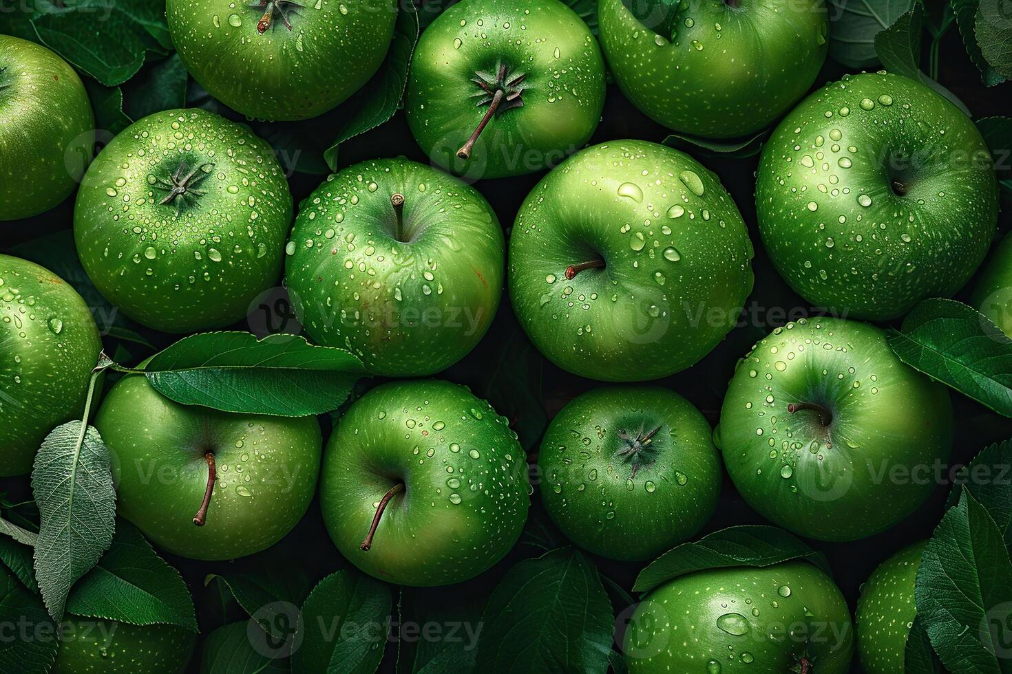 Horizontal background with green apples. Generated by artificial intelligence photo