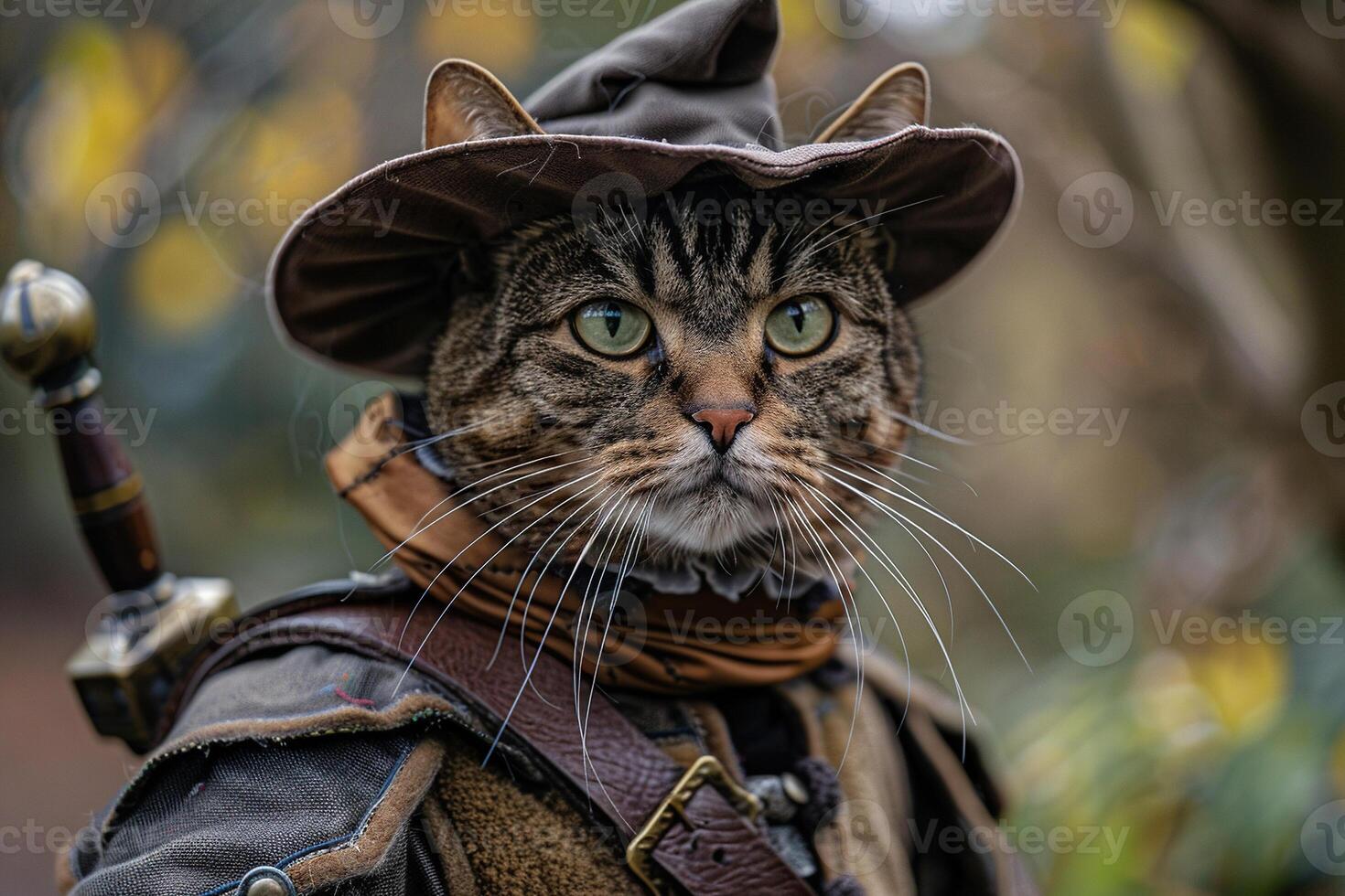 Cat in a medieval costume and hat. Generated by artificial intelligence photo